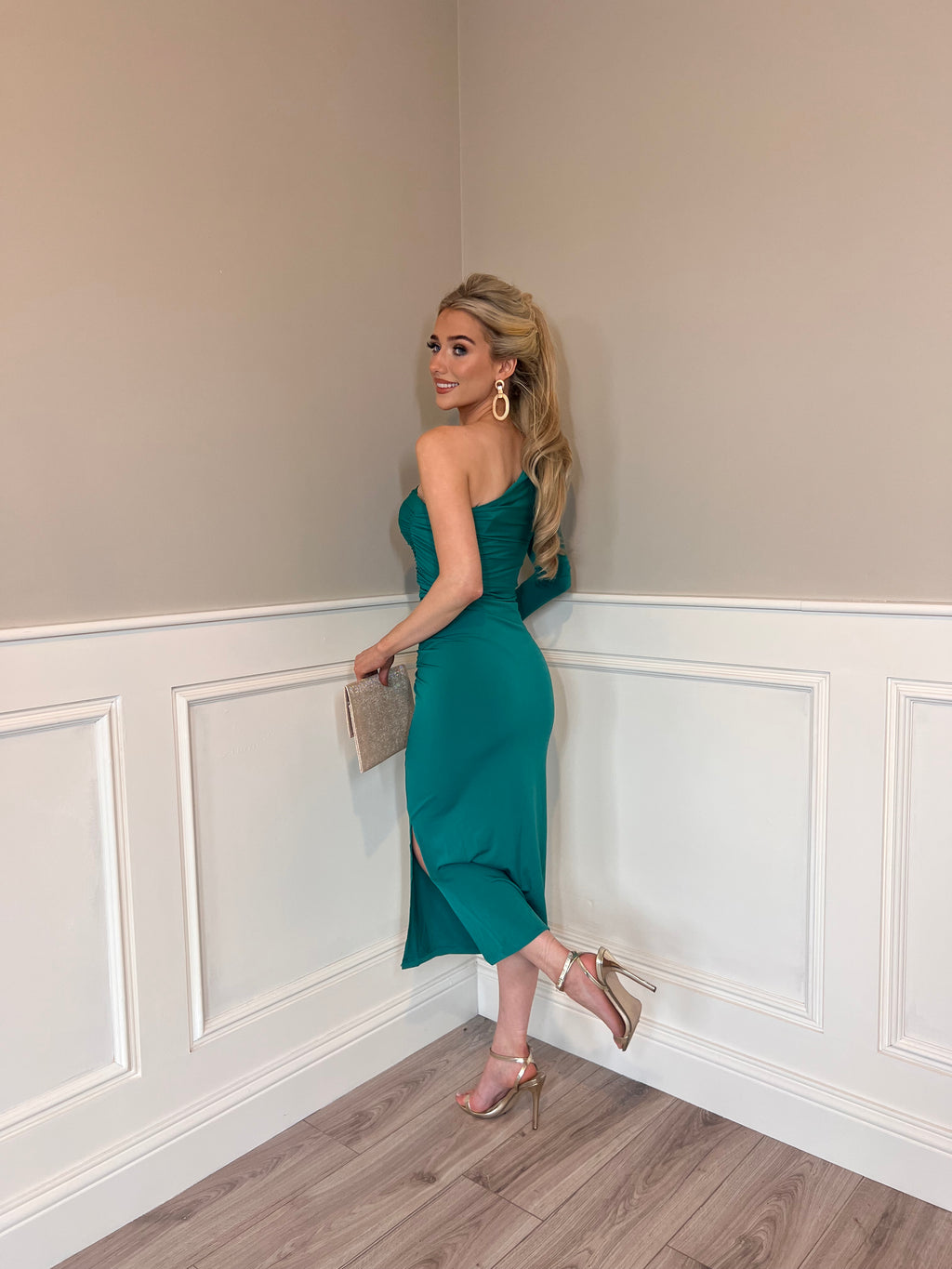 In The Shadows - One Shoulder Long Sleeve Dress in Green