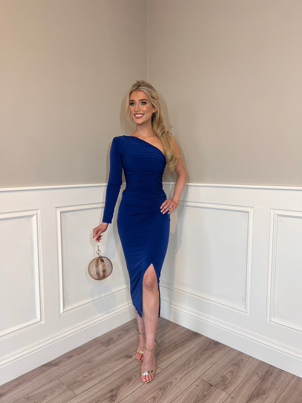 In The Shadows - One Shoulder Long Sleeve Dress in Royal Blue