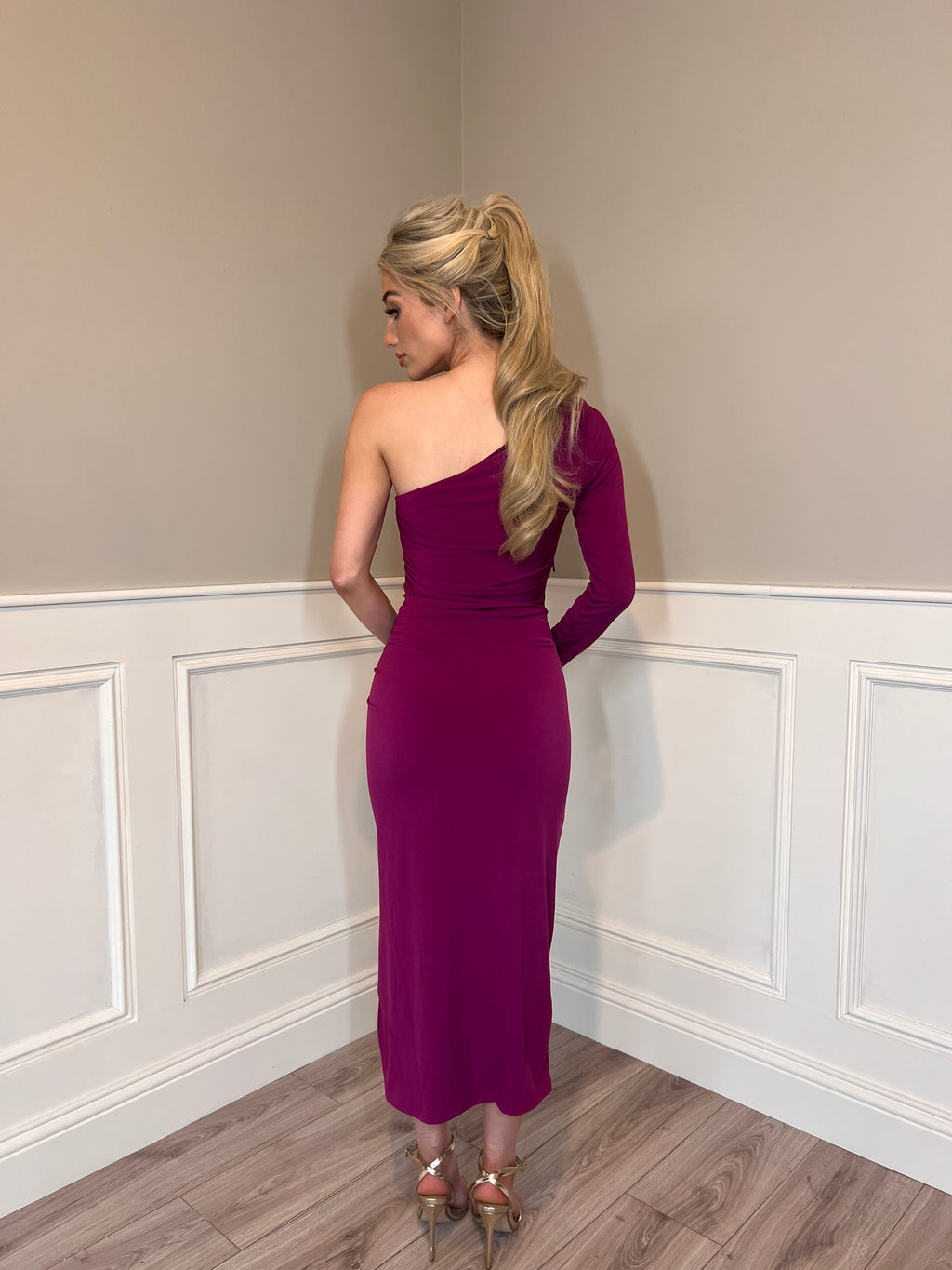 In The Shadows - One Shoulder Long Sleeve Dress in Raspberry
